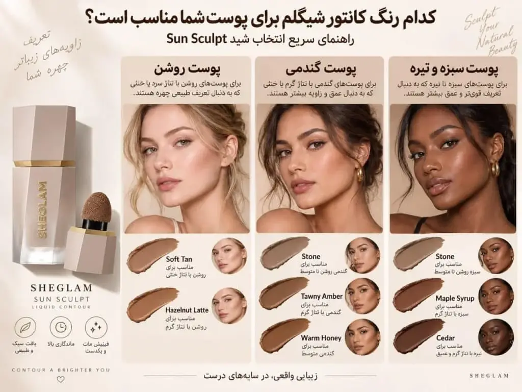 کانتور شیگلم چه رنگی بخریم؟ راهنمای انتخاب رنگ Sun Sculpt بر اساس رنگ پوست